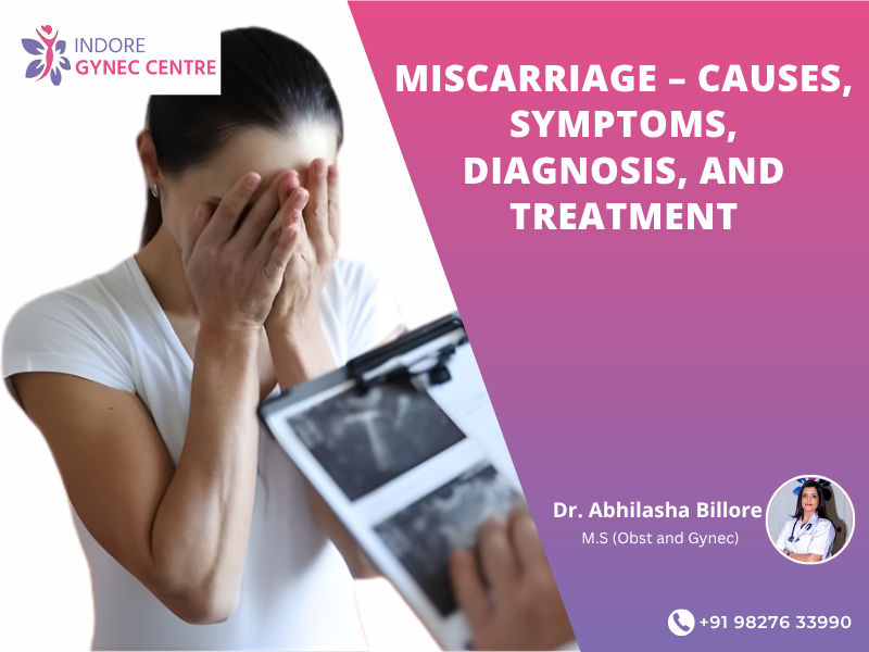 A sad woman covering her face after miscarriage, doctor holding ultrasound report, text showing “Miscarriage – Causes, Symptoms, Diagnosis, and Treatment,” Indore Gynec Centre logo, and Dr. Abhilasha Billore photo.