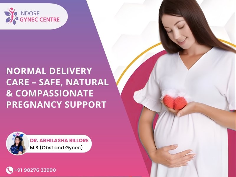 Pregnant woman holding baby booties symbolizing safe Normal Delivery Care in Indore by Dr. Abhilasha Billore at Indore Gynec Centre.