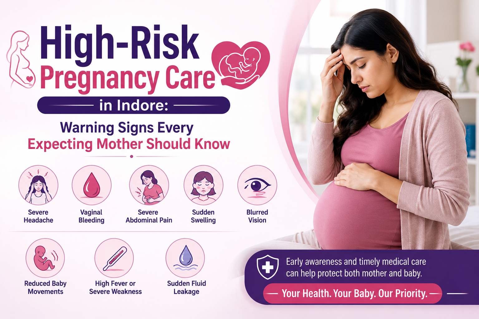 High-Risk Pregnancy Care in Indore warning signs infographic showing severe headache, vaginal bleeding, abdominal pain, sudden swelling, blurred vision, reduced baby movements, high fever, and sudden fluid leakage during pregnancy.